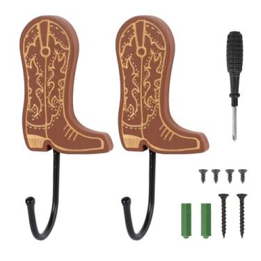 Imagem de AQQHSAIN 2 ganchos de parede para botas de caubói montados na parede cabide de bota de cowboy de madeira vintage ganchos de casaco tema ocidental decoração de parede para casa chapéus chaves bolsa de