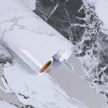 Imagem de FANCYEASY Papel de contato de mármore espesso brilhante para bancadas, capa de 40 x 299 cm, prata, cinza, branco, mármore, descascar e colar, à prova d'água, filme de vinil autoadesivo removível para