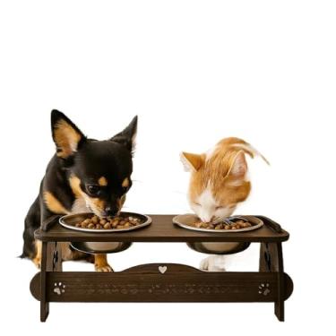 Imagem de Comedouro Elevado Pet em MDF com Tigelas de Inox | Antiderrapante, Atóxico e Durável | Ideal para Gatos e Cães – Melhora Digestão e Postura(Tabaco,P)