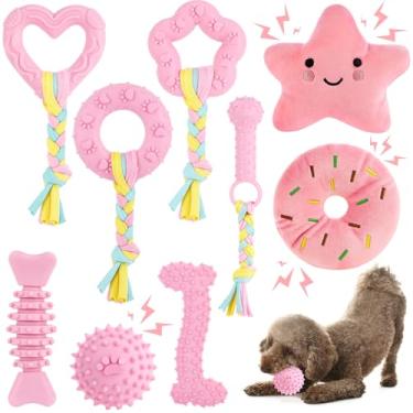 Imagem de Guiqulai Pacote com 8 brinquedos para filhotes de cachorro rosa para dentição interativos para mantê-los ocupados, brinquedo de borracha macia fofo para cães pequenos, itens essenciais para filhotes