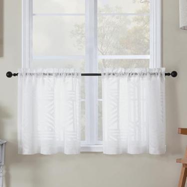 Imagem de Simplebrand Cortinas de cozinha brancas transparentes de 61 cm de comprimento, 2 painéis, cortina de janela curta semitransparente texturizada com filtro de luz geométrica jacquard para banheiro, 76 x