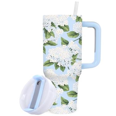 Imagem de JarThenaAMCS 1 copo de mola com tampa de canudo 1,134 g azul flor de hortênsia de aço inoxidável copo de viagem para lembrancinha de festa de café gelado