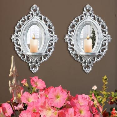 Imagem de sxnzequnze Conjunto de arandelas tridimensionais de alívio, 2 castiçais rústicos para pendurar na parede, decoração de parede de madeira, arte de parede espelhada, esculpida à mão, decoração de casa