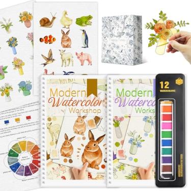 Imagem de 2 cadernos de trabalho em aquarela com 12 cores de tinta, papel aquarela, kit de pintura em aquarela para iniciantes - animais e buquê