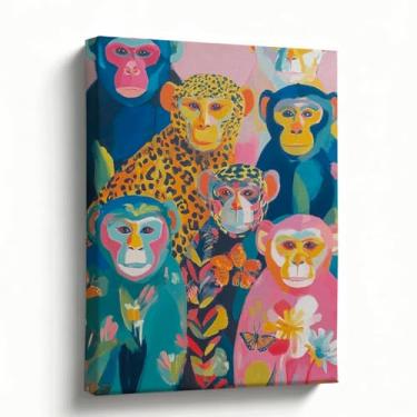 Imagem de Arte em tela Vibrant Monkeys, 20 x 25 cm, arte de macaco ousado com desenhos coloridos, arte de parede de animais para sala de estar, sala de estar, decoração de escritório