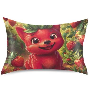 Imagem de Linda capa de almofada de cetim de cachorro corgi de morango King Queen padrão capas de travesseiro de resfriamento de luxo cuidados com o cabelo, tamanho king, 101,6 cm x 50,8 cm