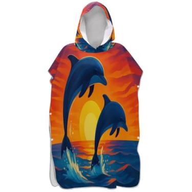 Imagem de Joisal Poncho de surfe reutilizável para adultos trocador de roupa de banho praia toalhas com capuz golfinhos pôr do sol unissex adulto poncho com capuz