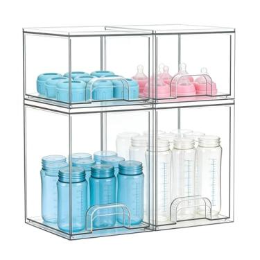 Imagem de Gajiuhon Conjunto organizador de gaveta de acrílico | Armazenamento empilhável de bancada e armário para mamadeiras, penteadeira e despensa (conjunto inicial de 4 peças (2S + 2M))