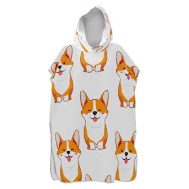 Imagem de TSENQUE Poncho de surfe para adultos trocador de roupa de praia com capuz toalha de banho reutilizável bonito desenho animado Corgi cão homens mulheres poncho com capuz
