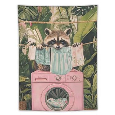 Imagem de Tapeçaria engraçada de guaxinim para lavanderia, animal fofo, pendurar na parede, folhas tropicais, lavadora, secadora, decoração para área de lavanderia, apartamento, dormitório, presente, decoração