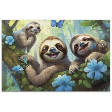 Imagem de Quebra-cabeça de preguiças sorridentes fofos 500 peças adultos paisagem floral família quebra-cabeça presentes para jogo de elefante branco