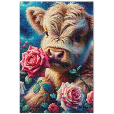 Imagem de Quebra-cabeça floral rosa vaca highland gado 500 peças adulto família quebra-cabeça amantes presentes paisagem arte animal pintura a óleo, 50 x 37 centímetros