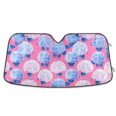 Imagem de Guarda-sóis de carro rosa de hortênsias azuis e brancas personalizadas para para-brisa dobrável impressão universal protetor solar para para-brisa automotivo S, 134,6 cm x 59,7 cm