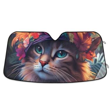Imagem de Boho chapéu floral gato girassol para-sol carro para para-brisa bonito personalizado retrátil janela de carro para-brisa frontal floral animal L, 144.8 cm x 80.0 cm