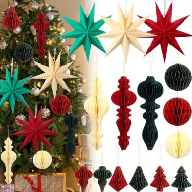 Imagem de VIHOSE Conjunto de 16 peças de enfeites de Natal de papel incluído 25,4 cm decorações finiais de natal 3D enfeites de pendurar em favo de mel 9 pontas 30,5 cm lanternas de estrela de papel para