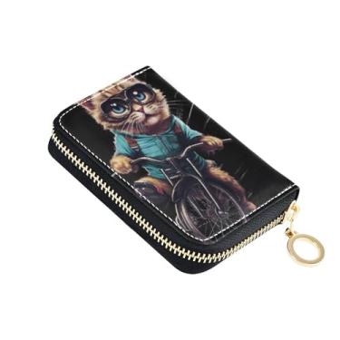 Imagem de Carteira feminina de couro com bloqueio de RFID, porta-cartões de crédito, pequena carteira de viagem com chaveiro gato legal engraçado