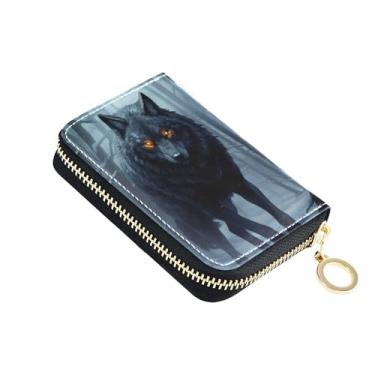 Imagem de Carteira colorida feminina de couro para cartão de crédito com bloqueio de RFID, estampa de lobo preto, carteira para dinheiro de viagem com bolso para moedas