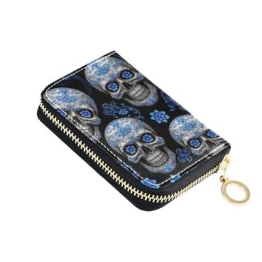 Imagem de Carteira pequena feminina com porta-cartões com bloqueio de RFID, zíper ao redor de zíper e porta-chaves, caveiras, azul, redemoinho, floral, preto