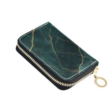 Imagem de Carteira feminina com textura de mármore azul-petróleo e veia dourada pequena com bloqueio de RFID, porta-moedas de designer com zíper