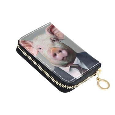 Imagem de Carteira feminina com zíper e bloqueio de RFID, porta-cartões de crédito, carteira masculina de couro com bolso para moedas, traje de negócios de porco engraçado