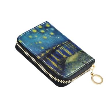 Imagem de Carteira feminina Starry Night Blue Star de couro com porta-cartões com bloqueio de RFID e bolso para moedas