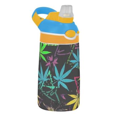 Imagem de Garrafa de água infantil de 473 ml reutilizável Tritan Sports de 473 ml com canudo copo infantil portátil à prova de vazamento, alça de transporte, folhas pretas verde azul