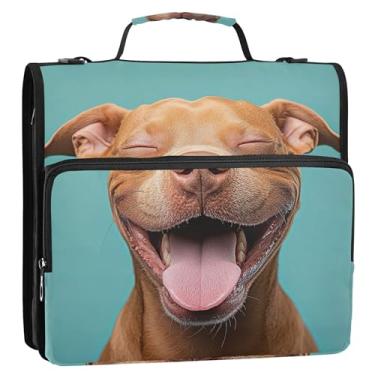 Imagem de Organizador de fichário com zíper para viagem, 3 anéis, anel D de 3,8 cm, divertido Pitbull Laugh Print Pasta de armazenamento com alça para guardar fichário com alça para escola