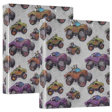 Imagem de Pastas coloridas Monster Trucks de 3 cm com 3 anéis para guardar 200 folhas, pastas de impressão fofas, caderno, fichário de receitas, 31,5 x 27 x 6 cm, pacote com 2