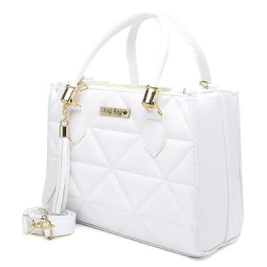 Imagem de Bolsa de Mão Feminina Matelassê, Alça Transversal, Couro Sintético Bege, Tassel Decorativo, Detalhes Dourados (branco)