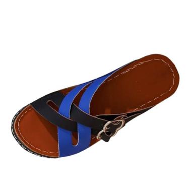 Imagem de Sandálias femininas de praia com salto cunha combinando cores elegantes e confortáveis para o verão, Azul royal, 34