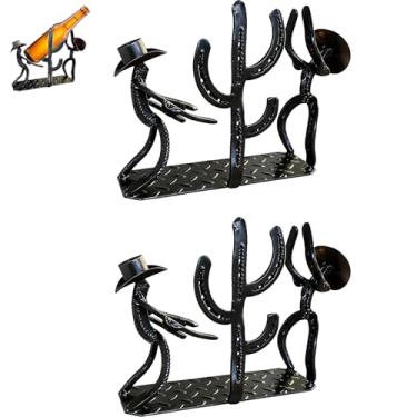 Imagem de DMXGJD Suporte para garrafa de vinho Western Cowboy & Cactus, escultura de metal 2 em 1 com figuras de chapéu de caubói, suporte rústico de mesa única para bar e decoração de pátio (preto, 2 peças)
