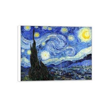 Imagem de Vincent van Gogh Famosa pintura em tela de arte de parede pronta para pendurar. Noite estrelada. Imagem em moldura branca para decoração de sala de estar 30 x 40 cm 12 x 16 pol