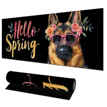Imagem de HOMETITUTE Hello Spring Tapete de rato pastor alemão para jogos XL tapete de rato 81,5 x 11,8 polegadas floral antiderrapante teclado protetor de mesa tapete de rato grande para casa e escritório