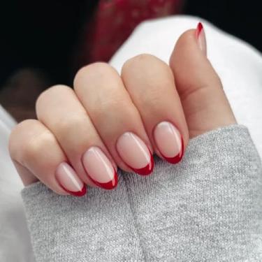 Imagem de Modelones Pregos falsos ovais para outono de Halloween com ponta francesa vermelha, kit de unhas reutilizáveis com abas adesivas para unhas, mini lixa de unha, 32 peças, 16 tamanhos, presente feminino