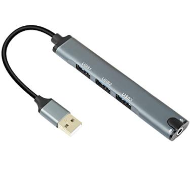 Imagem de QIANRENON Hub USB, estação de ancoragem USB 4 em 1 com fone de ouvido de áudio de 3,5 mm + adaptador de hub de entrada de microfone, alocador multiportas USB 3.0 para laptop, fone de ouvido