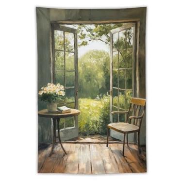 Imagem de Tapeçaria com vista de jardim brilhante portas francesas abertas flores de mesa de jardim verde estilo pintura a óleo decoração rústica de casa para quarto sala de estar ambiente fresco tapeçaria 102
