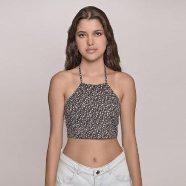Imagem de Cropped Halter Juvenil Feminino Amofany Em Tricoline Floral - PRETO - 