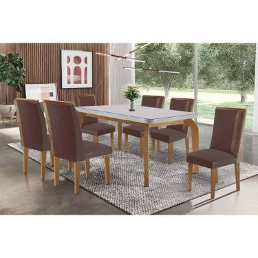 Imagem de Sala Jantar Mesa Londrina Tampo c/ Vidro Curvo 180cm+6 Cadeiras Tilia Madeira Naturale/Off White - Capuccino/Suede Marrom - Rufato