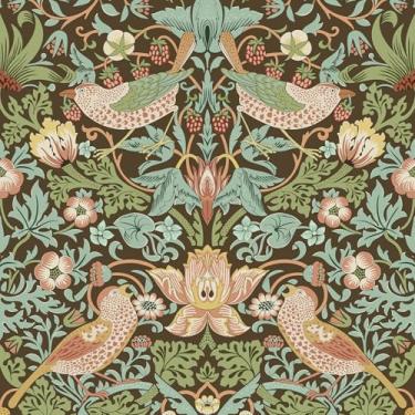 Imagem de VEELIKE Papel de parede retrô Strawberry Thief William Morris Papel de parede de pássaro floral escuro para quarto 48 x 395 cm, papel de parede autoadesivo Victorian Morris, papel de parede floral