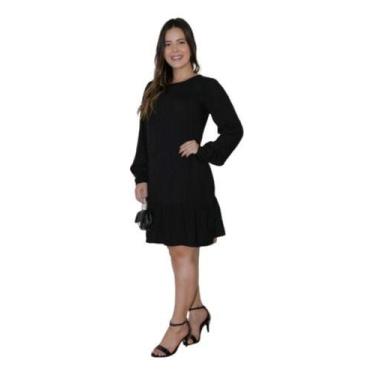 Imagem de Vestido feminino babado manga longa com botões - Mamu, Preto, M