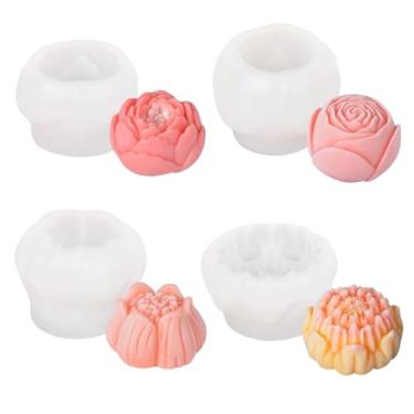Imagem de QENEQ Conjunto de moldes de vela de silicone floral 3D, pacote com 4 formas decorativas de flores de rosa e peônia, moldes para fabricação de sabão de 68-72 mm de diâmetro, rosa e branco