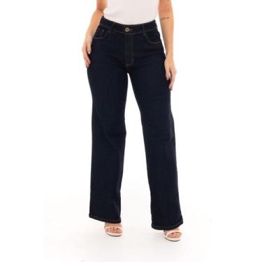 Imagem de Calça Wide Leg Pantalona Escura com Bolsos Feminina Com Elastano Cintu