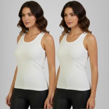 Imagem de Kit 2 Blusa Regata Feminina Basica Branco Algodão Ribana Canelada Verã