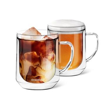Imagem de ovalware Canecas de café de vidro de parede dupla de 500 ml, canecas de lábio único feitas de vidro borossilicato durável, caneca de café isolada com alça para bebidas quentes e frias - transparente