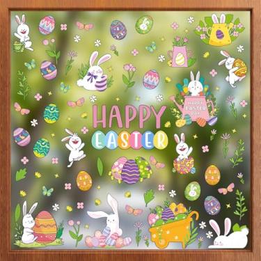 Imagem de ZAWE 9 folhas de desenho animado feliz páscoa coelho ovos flores janela de páscoa adesivos dupla face reutilizáveis adesivos de janela estática para festa, casa, sala de aula, escritório decorações