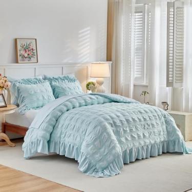 Imagem de Flysheep Conjunto de capa de edredom azul xadrez Seersucker com franjas largas e babados, jogo de cama de casal macio com 3 peças para todas as estações, conjunto de cama de casal com fronhas de