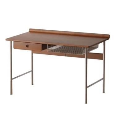 Imagem de Mesa de madeira vintage simples com moldura de aço inoxidável, mesa de escrita compacta para estudo doméstico com gavetas e prateleira de armazenamento (M)