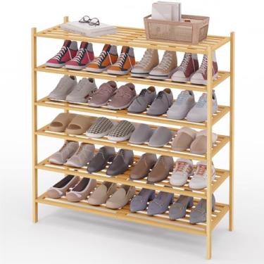 Imagem de Smiry Sapateira longa de bambu de 6 camadas, organizador de sapatos empilhável de madeira para entrada e armário, prateleira de armazenamento de sapatos de madeira independente para porta da frente e