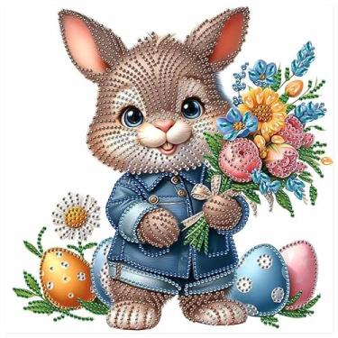 Imagem de Kit de pintura de diamante para iniciantes, kit de arte de diamante de forma especial de coelhinho marrom da Páscoa, arte de strass de cristal DIY para decoração de mesa de parede de casa, adequado
