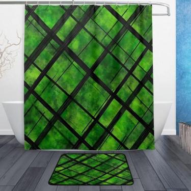 Imagem de xigua Conjunto de tapetes de cortina de banho com padrão de grade de búfalo verde Dia de São Patrício, 2 peças, conjunto temático de banheiro (152 x 182 cm) com cortina de chuveiro e tapete